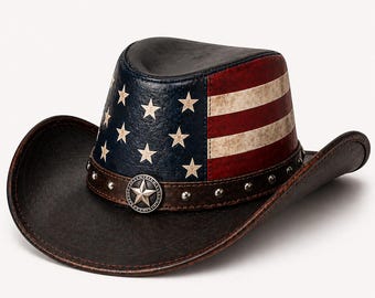 Bandera estadounidense – Sombrero vaquero vintage de cuero con estrellas y rayas, patriótico, rodeo