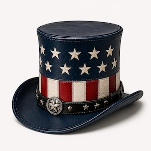 May include: A blue top hat with a patriotic design. The hat features white stars on a blue background, red and white stripes, and a black band with a star-shaped buckle. The brim is blue.
