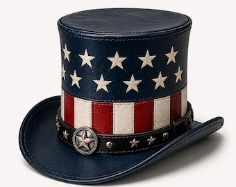 Patriotic Leather Top Hat: Stars Stripes Western Rodeo Style