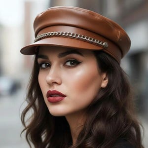May include: A brown leather cap with a silver chain detail. The cap has a short brim and a rounded crown. The cap is worn by a person with dark hair and red lipstick.