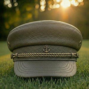 May include: An olive green captain's hat with a textured finish, gold rope detailing, and a gold anchor emblem. The hat features a rounded crown and a short, curved peak. The hat is resting on green grass.