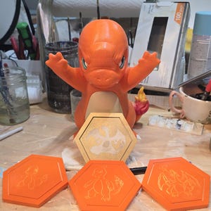 Charmander, Charmeleon, Charizard, and holographic Charizard coaster set with angry window Charmander.