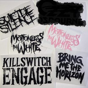 May include: A collection of vinyl decals featuring band logos including Suicide Silence, Ozzy Osbourne, Motionless in White in black and pink, Killswitch Engage, and Bring Me The Horizon. The stickers are presented on a white backing material.