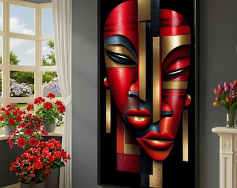 May include: Abstract art print featuring a stylized face with bold red, gold, and black geometric shapes. The artwork has a modern aesthetic, with a focus on color and form. The lips are a vibrant red, and the eyes are accented with blue.