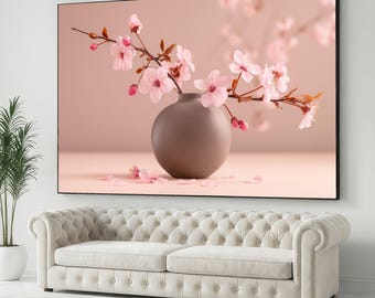 Soft Pink Cherry Blossom Branch, Floral Vase Canvas, Elegant Spring Flowers Wall Art, Minimalist Home Decor, Ready to Hang Canvas