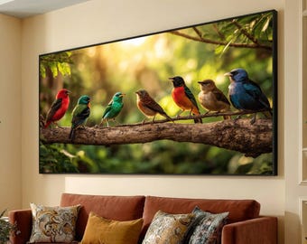 Cuadro decorativo de pared con coloridas aves tropicales en una rama, decoración de naturaleza exótica y vida silvestre, lienzo con fotografía de aves brillantes, arte de escena matutina en el bosque.