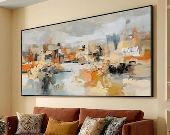 Abstract Cityscape Canvas Wall Art, Modern Urban Scene Orange and Beige Artwork, Contemporary Home Decor, Ready to Hang Canvas