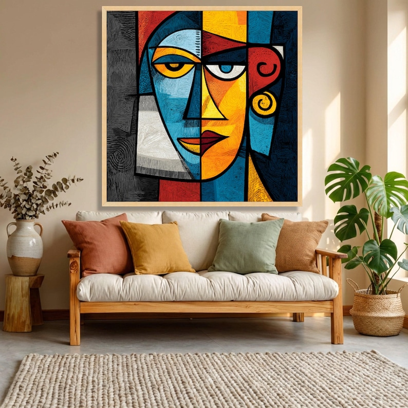 Abstract Geometric Face Canvas, Colorful Cubism Wall Art, Modern Home Decor, Vibrant Expressionist Canvas, Contemporary Wall Decoration image 6