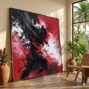 Lienzo rojo, negro y blanco llamativo, arte abstracto dramático para pared, diseño moderno con salpicaduras, decoración impactante en lienzo, acento contemporáneo para el hogar.
