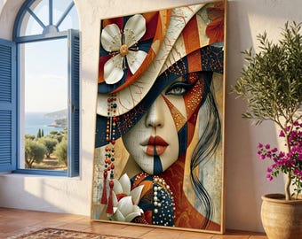 Abstract Woman Portrait Canvas, Artistic Face Wall Art, Floral Hat Design, Geometric Pattern Canvas, Modern Home Decoration