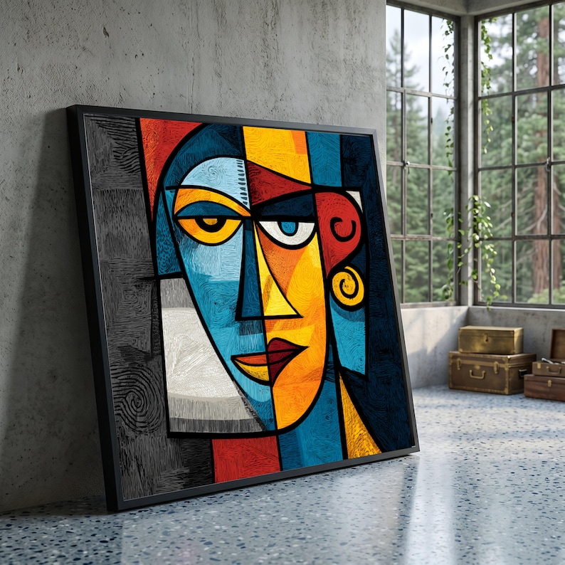 Abstract Geometric Face Canvas, Colorful Cubism Wall Art, Modern Home Decor, Vibrant Expressionist Canvas, Contemporary Wall Decoration image 1