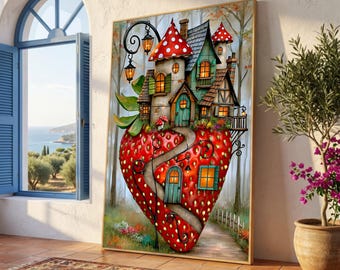 Whimsical Strawberry Cottage Canvas, Fairy Tale House Wall Art, Fantasy Home Decor, Enchanted Forest Canvas, Rustic Lantern Design