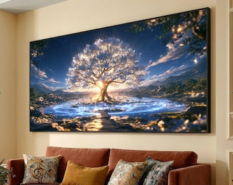Radiant White Tree at Twilight Canvas, Magical Landscape Wall Art, Glowing Nature Scene, Enchanted Forest Canvas, Deer and Lake Decor