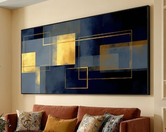 Modern Geometric Abstract Canvas, Gold and Navy Blue Wall Art, Contemporary Square Design, Luxury Room Decoration, Ready to Hang