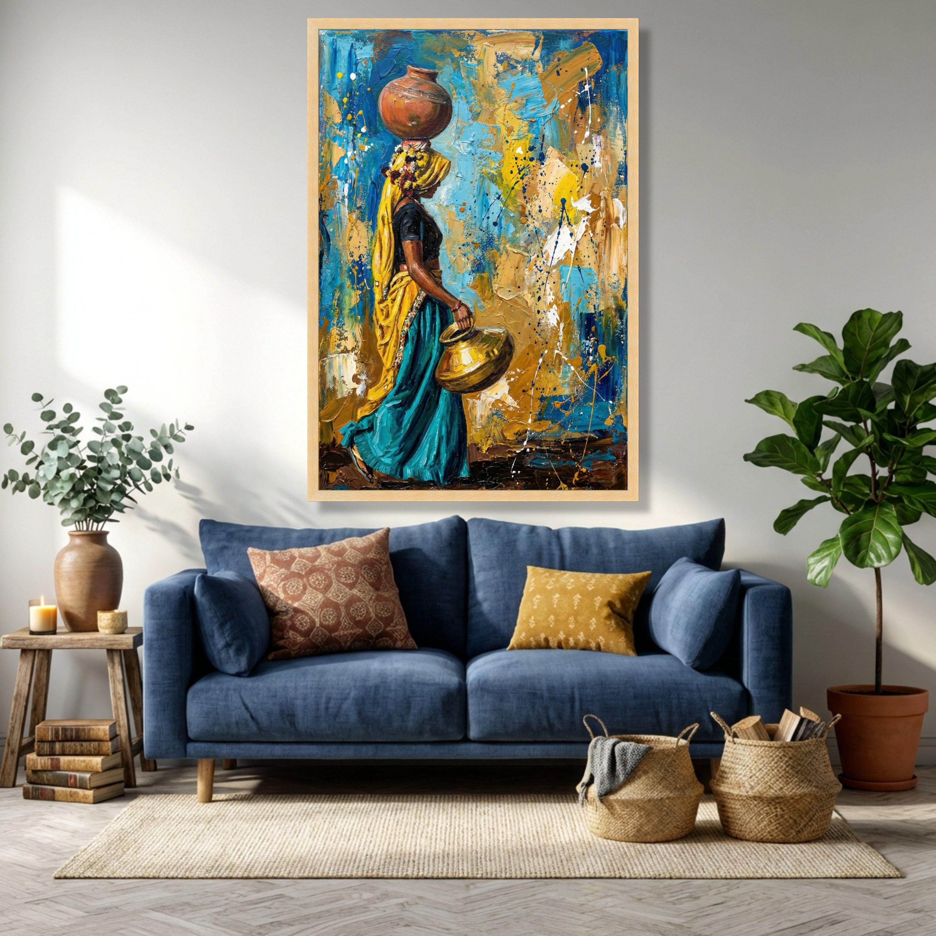 Traditional Indian Woman With Water Pots, Rustic Folk Art Canvas ...