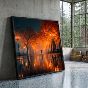 Paseo vespertino de otoño, lienzo de hojas naranjas, arte mural de sendero lluvioso, farolas brillantes, lienzo reflectante de pavimento mojado, decoración otoñal acogedora