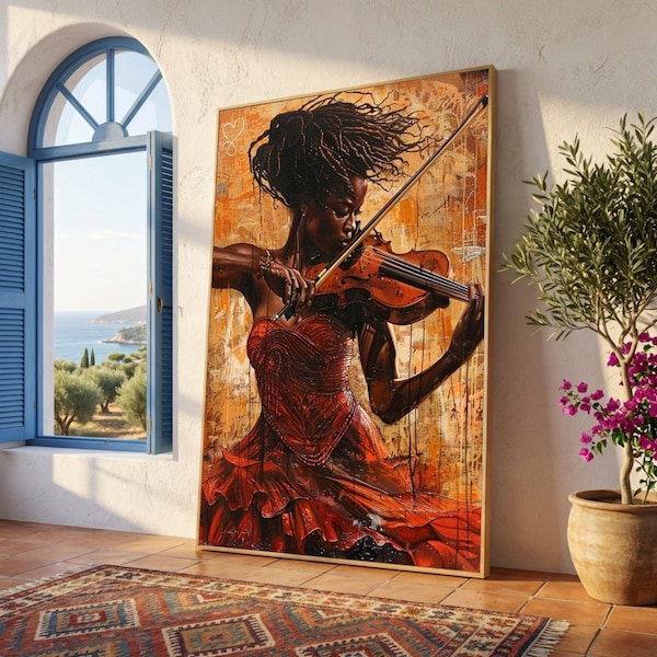 Elegant Violinist Woman Canvas Wall Art, African Musician Portrait, Red Dress Dance Canvas, Dynamic Movement Home Decoration