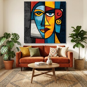Abstract Geometric Face Canvas, Colorful Cubism Wall Art, Modern Home Decor, Vibrant Expressionist Canvas, Contemporary Wall Decoration image 7