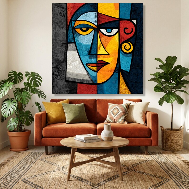 Abstract Geometric Face Canvas, Colorful Cubism Wall Art, Modern Home Decor, Vibrant Expressionist Canvas, Contemporary Wall Decoration image 7