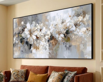 Elegant White Blossoms Canvas, Floral Wall Art, Neutral Tones Modern Home Decoration, Large Flower Canvas Print
