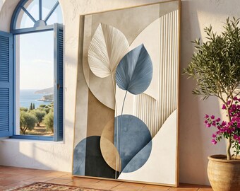 Abstract Leaves and Circles Canvas Wall Art, Modern Geometric Botanical Design, Neutral Blue Brown Home Decor, Contemporary Nature Canvas