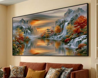 Tranquil Japanese Garden Canvas, Autumn Waterfall Scene, Serene Lake Reflection, Asian Landscape Wall Art, Nature Home Decor
