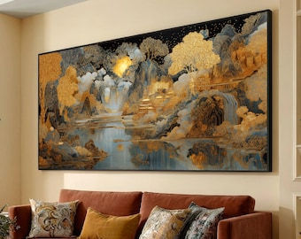 Gustav Klimt Gold Landscape Canvas, Elegant Nature Wall Art, Ornate Trees and Mountains, Artistic Home Decor, Luxe Canvas