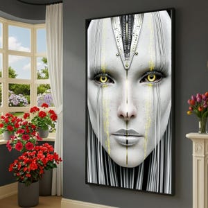 Futuristic Cyborg Face Close-Up Canvas Wall Art, Sci-Fi Robot Portrait, Technology Digital Art, Modern Home Decor, Detailed Facial Design