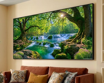Tranquil Forest Stream Waterfall Canvas, Sunlit Trees Landscape, Nature Wall Art, Serene River Scene, Home Decoration Canvas