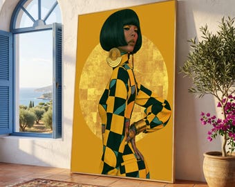 Bold Geometric Fashion Portrait Canvas, Modern Woman with Black Bob Hair, Yellow and Black Outfit Art, Contemporary Style Wall Decor