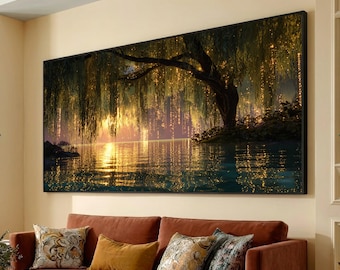 May include: A large framed canvas print showcasing a tranquil waterside scene. The image features a weeping willow tree with branches cascading over a lake, reflecting the golden light of the sunset. The color scheme includes gold, green, and blue hues.