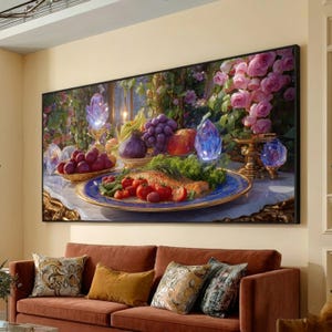 May include: A large framed artwork depicting a lavish still life. The scene includes a table laden with food, including grapes, tomatoes, and a roasted dish. Crystal sculptures and pink roses add to the elegant ambiance. The artwork hangs above a brown sofa with decorative pillows.