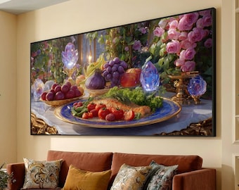 Elegant Still Life with Fruit and Fish, Luxury Dining Canvas, Ornate Table Setting Wall Art, Classic Home Decoration Canvas