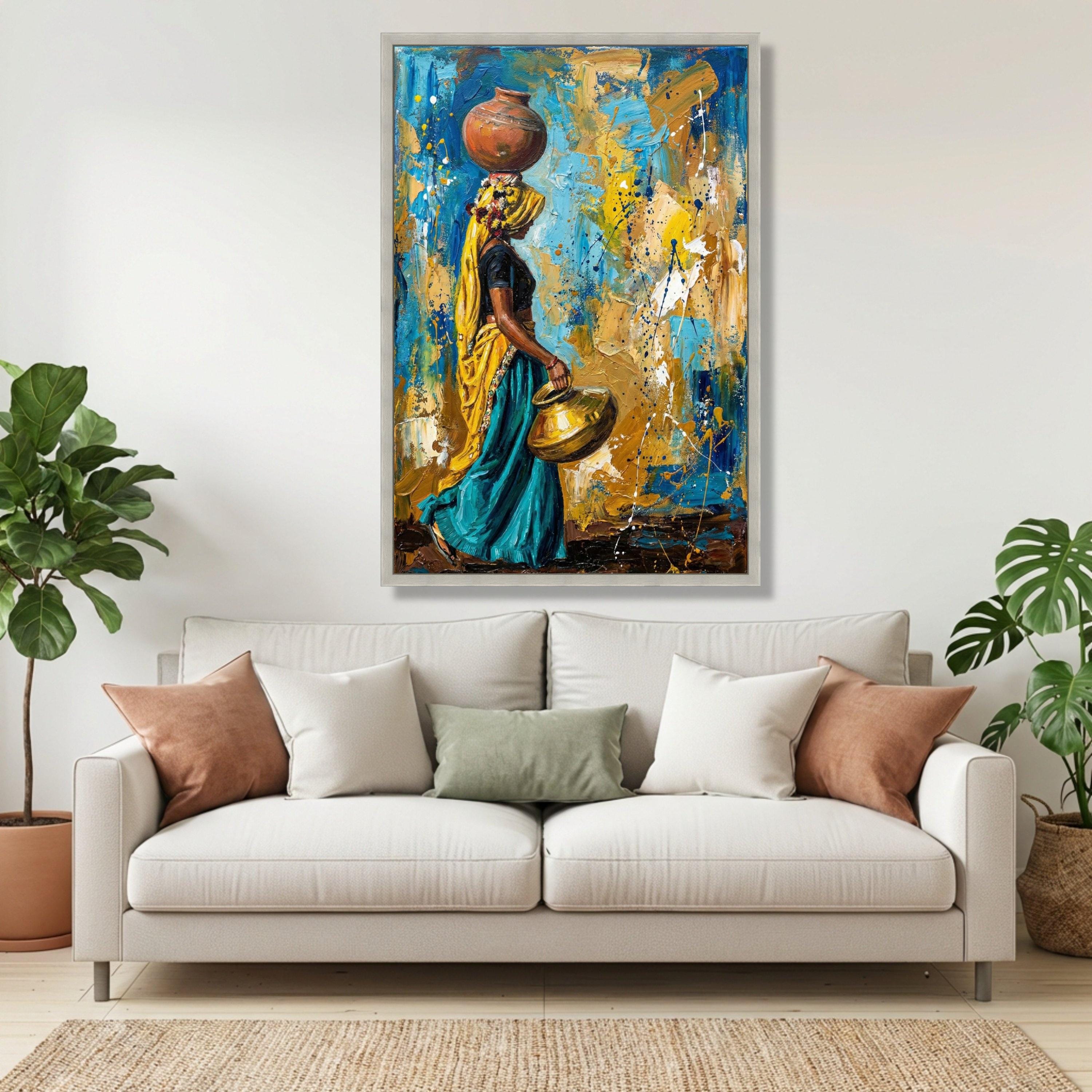 Traditional Indian Woman With Water Pots, Rustic Folk Art Canvas ...