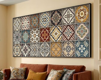 Vintage Mediterranean Tile Mosaic Canvas, Ornate Geometric Wall Art, Classic Decorative Squares Design, Home Decor Canvas Panel Set