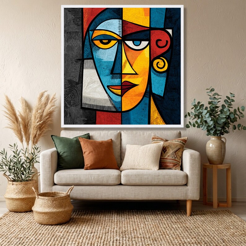 Abstract Geometric Face Canvas, Colorful Cubism Wall Art, Modern Home Decor, Vibrant Expressionist Canvas, Contemporary Wall Decoration image 5