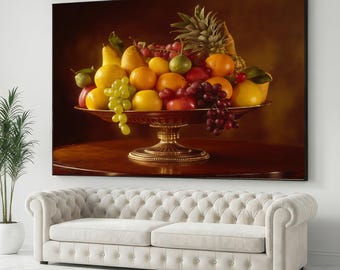 Classic Fruit Bowl Canvas, Still Life Fruit Display, Citrus and Grape Wall Art, Pineapple and Pear Decor, Kitchen Canvas Decoration