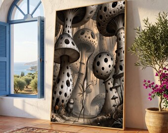 Enchanted Mushroom Forest Canvas, Fantasy Fairy and Cat Wall Art, Surreal Botanical Scene, Mystical Woodland Canvas Decor