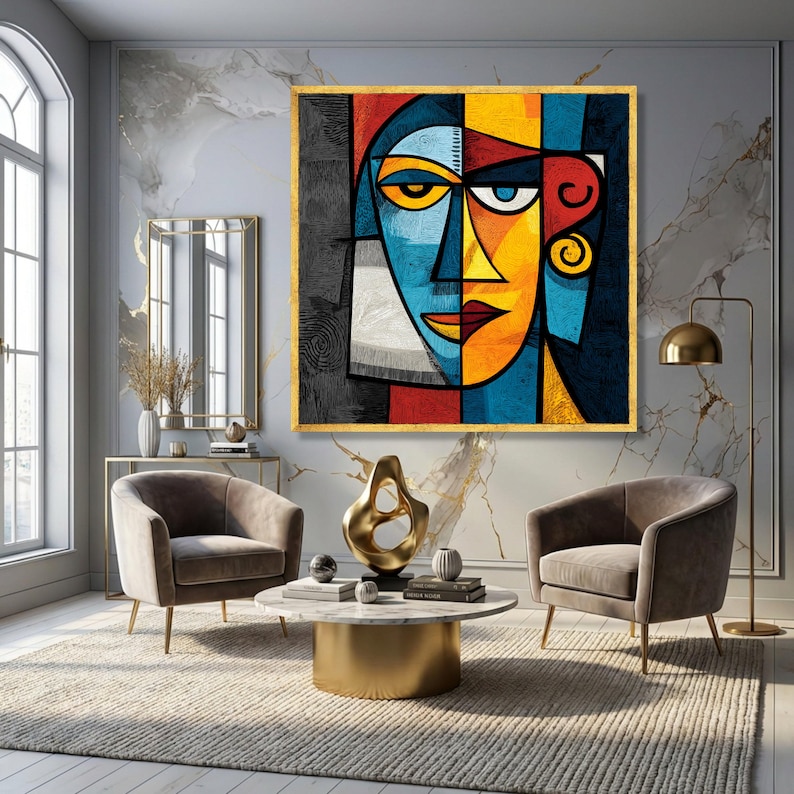 Abstract Geometric Face Canvas, Colorful Cubism Wall Art, Modern Home Decor, Vibrant Expressionist Canvas, Contemporary Wall Decoration image 2