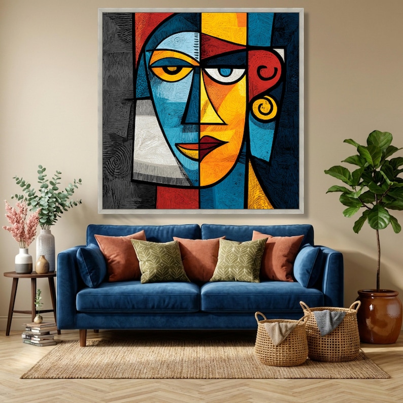 Abstract Geometric Face Canvas, Colorful Cubism Wall Art, Modern Home Decor, Vibrant Expressionist Canvas, Contemporary Wall Decoration image 4