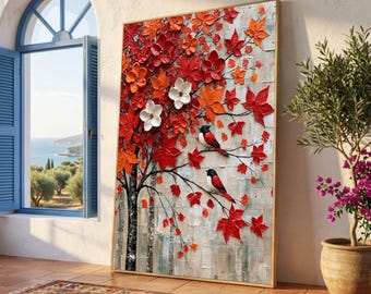 Autumn Blossom Canvas Wall Art, Red and Orange Floral Tree, Bird Nature Scene, Seasonal Home Decor, Bright Wall Decoration