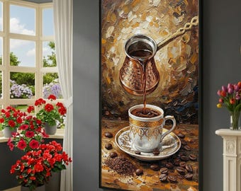 Rustic Turkish Coffee Art, Pouring Coffee Canvas, Vintage Coffee Cup Wall Art, Coffee Beans Decoration, Kitchen Canvas Wall Art