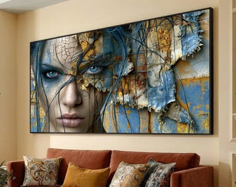 Blue Eyes Woman Portrait Canvas, Abstract Cracked Face Art, Mixed Media Wall Art, Modern Home Decoration, Unique Visual Design