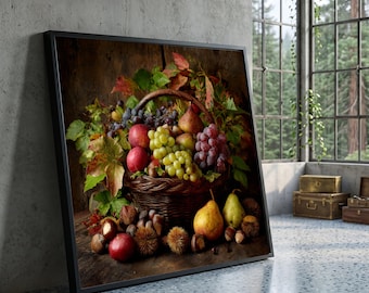 Autumn Harvest Basket Canvas, Rustic Fruit Still Life Wall Art, Grapes and Pears Decor, Fall Seasonal Canvas, Nature Home Decoration