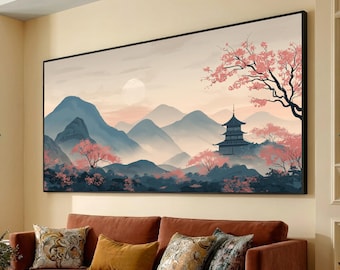 Tela com paisagem montanhosa tranquila, arte de parede com pagode japonês, cerejeiras em flor, cena da natureza asiática, decoração em tela com nascer do sol enevoado.
