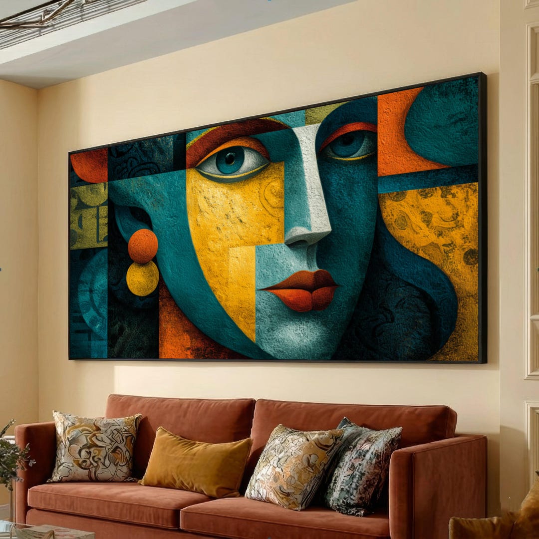 Abstract Woman Portrait Canvas, Modern Cubism Wall Art, Bold Colorful ...