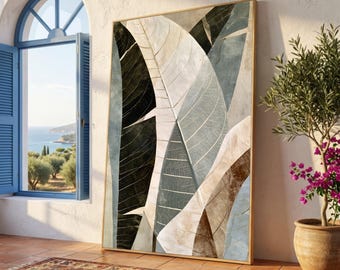 Neutral Botanical Leaves Canvas Wall Art, Abstract Nature Leaf Prints, Modern Minimalist Home Decor, Large Wall Decoration