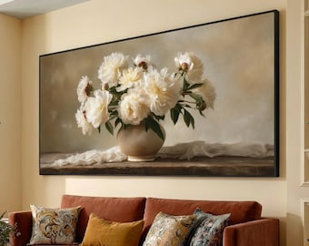 Elegant White Peonies Canvas, Floral Arrangement Wall Art, Vintage Still Life Decor, Soft Neutral Tones Canvas, Home Decoration Accent