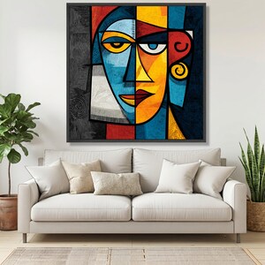 Abstract Geometric Face Canvas, Colorful Cubism Wall Art, Modern Home Decor, Vibrant Expressionist Canvas, Contemporary Wall Decoration image 3
