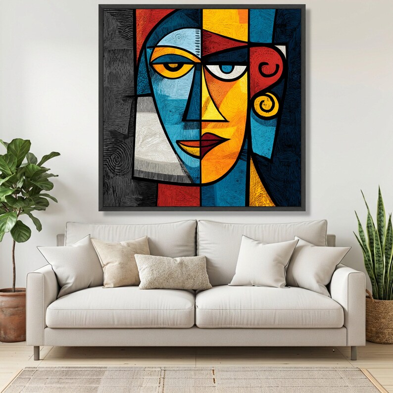 Abstract Geometric Face Canvas, Colorful Cubism Wall Art, Modern Home Decor, Vibrant Expressionist Canvas, Contemporary Wall Decoration image 3